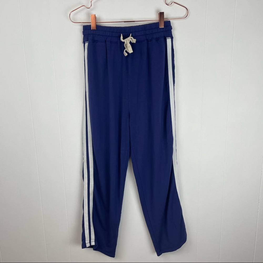 Blue Track Pants with White Stripes